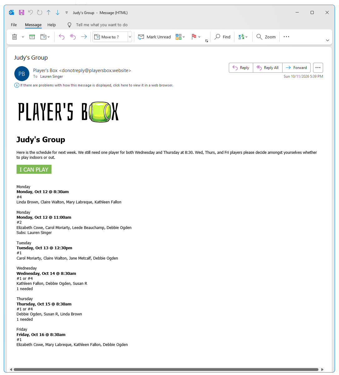 Play List email with the games, assigned players and subs