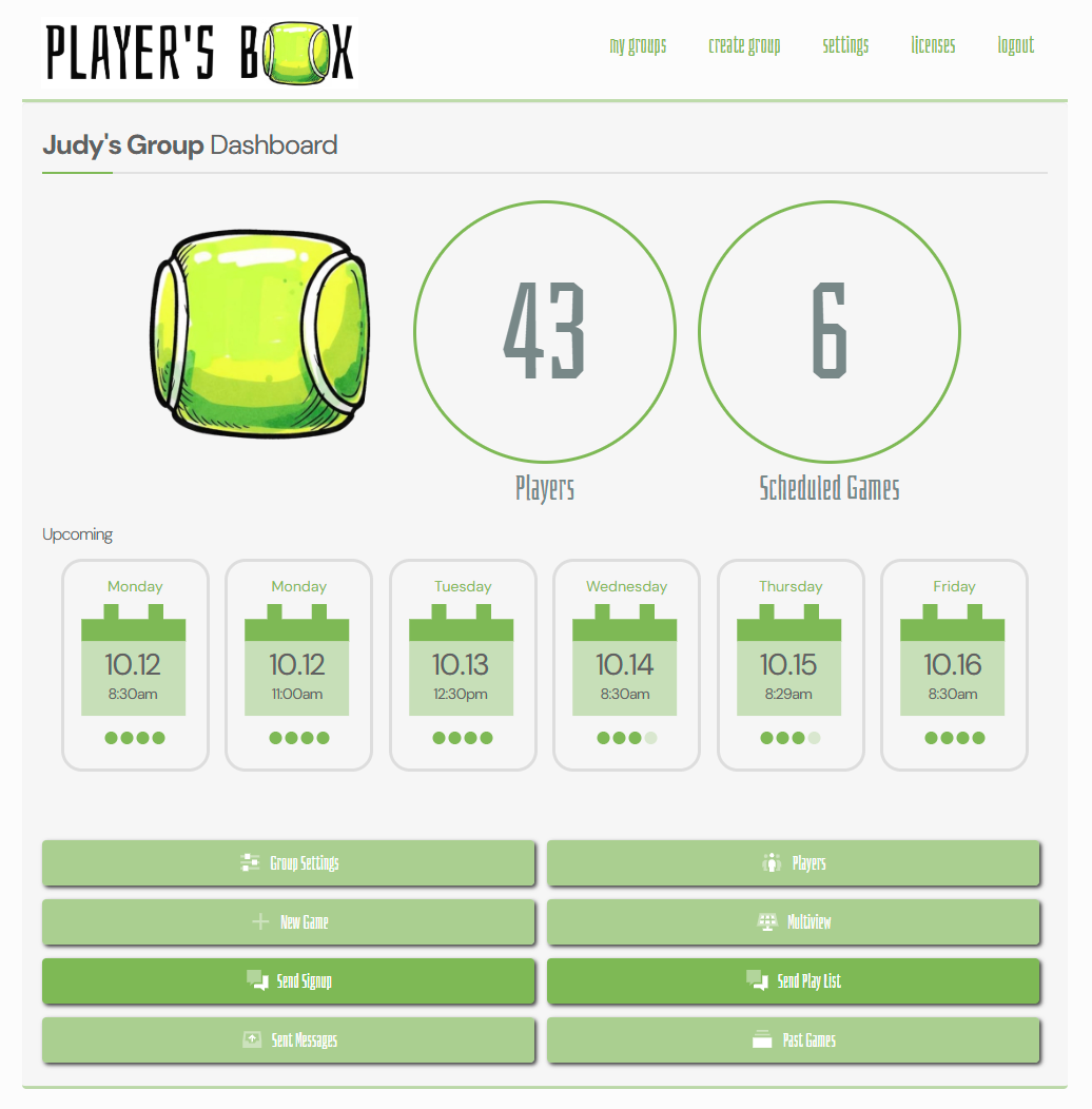 Player's Box group dashboard with upcoming games, player counts and available spaces